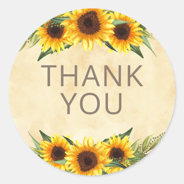Rustic Yellow Sunflowers Custom Thank You Classic Round Sticker (Front)