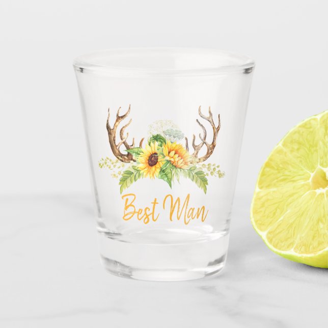 Rustic Yellow Sunflowers Greenery Antlers Best Man Shot Glass (Front)
