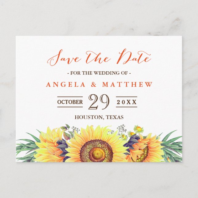 Rustic Yellow Sunflowers Wedding Save the Date Announcement Postcard (Front)