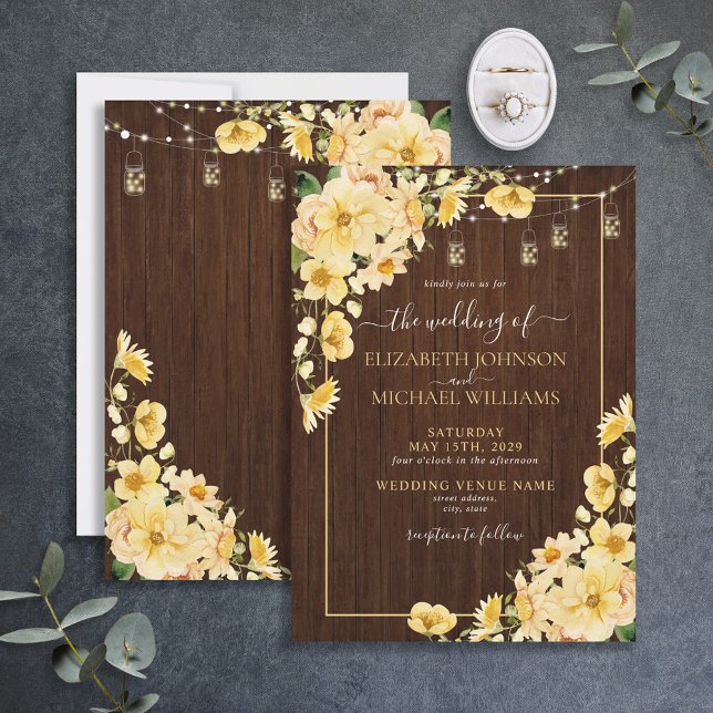 Rustic Yellow Wood Script Floral Wedding Invitation (Creator Uploaded)