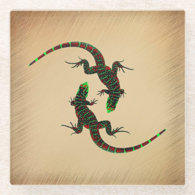 Rustic Yin Yang Lizards Glass Coaster (Front)