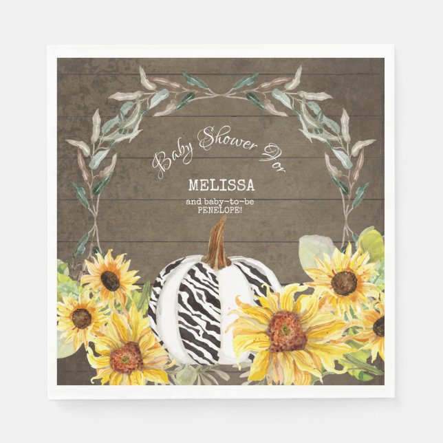 Rustic Zebra White Pumpkin Sunflower Baby Shower Napkin (Front)
