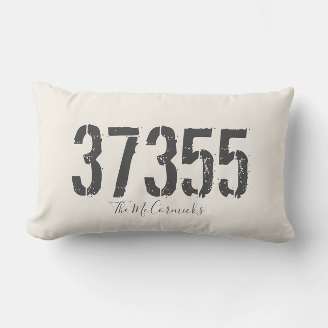 Rustic Zip Code Family Hand Lettered Personalised Lumbar Cushion (Front)