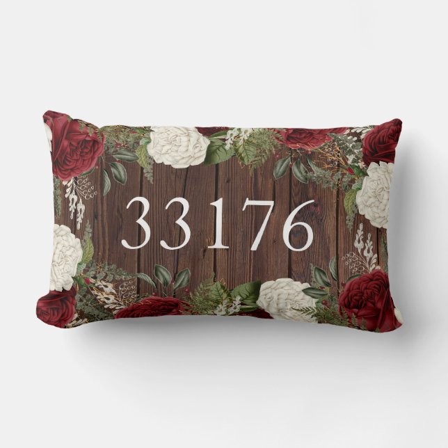 Rustic Zip Code Roses Just Married Couple Lumbar Cushion (Front)