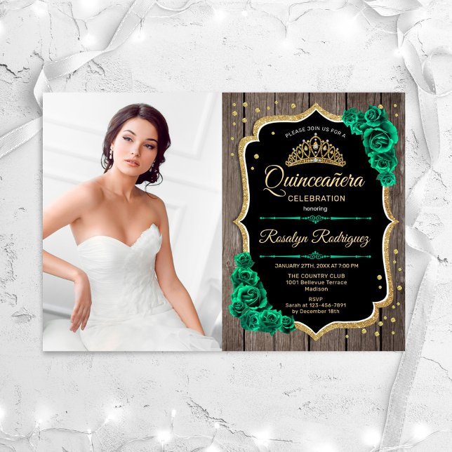 RusticEmerald Green Photo Quinceanera Invitation (Creator Uploaded)