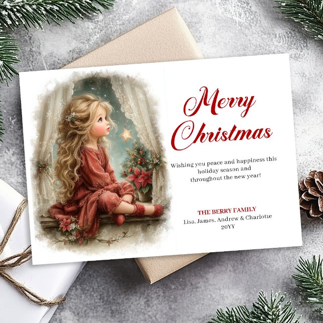 Rusticmode Little Girl Awaits Santa Digital   Holiday Card (Bring the magic of Christmas Eve to your holiday greetings with this vintage watercolor card featuri)