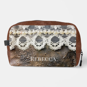 RusticWestern Tooled Leather and Antique Lace   Dopp Kit