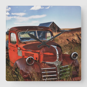 Rusting orange Dodge truck with abandoned farm Square Wall Clock