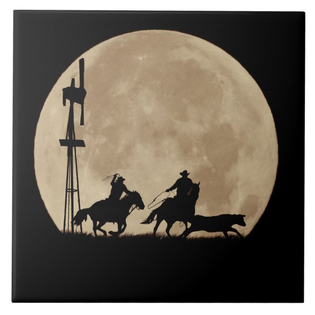 Rustler's Moon Roping Cowboys Ceramic Tile (Front)