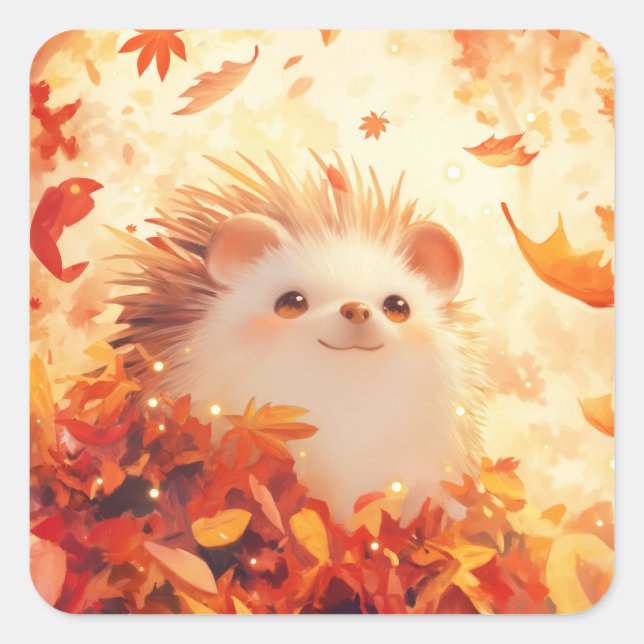 Rustling Leaves Happy Hedgehog Square Sticker (Front)
