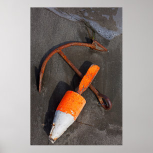 Rusty Anchor And Buoy On A Beach Poster
