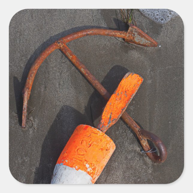Rusty Anchor And Buoy On A Beach Square Sticker (Front)