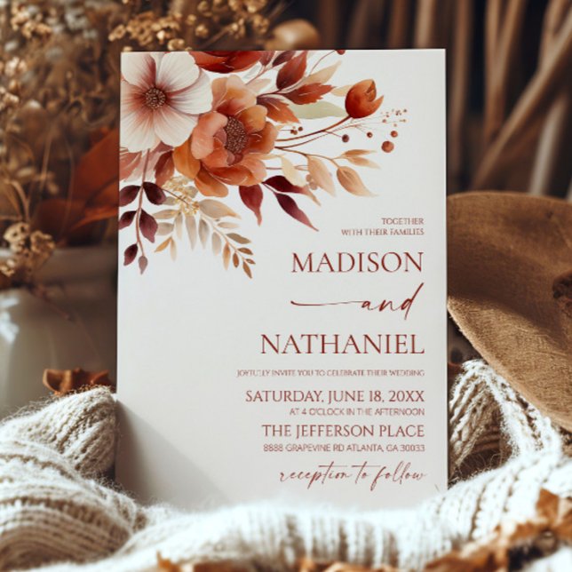 Rusty Burgundy Brown Floral Flower Garden Wedding Invitation (Creator Uploaded)