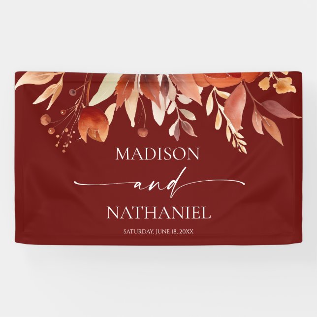 Rusty Burgundy Brown Floral Flower Wedding Banner (Horizontal)