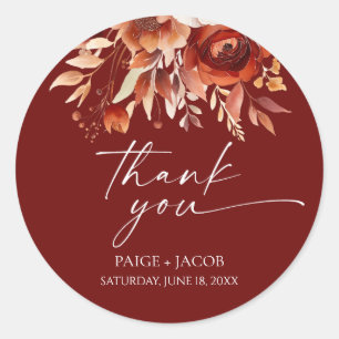 Rusty Burgundy Brown Floral Flower Wedding Classic Round Sticker