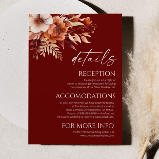 Rusty Burgundy Brown Floral Flower Wedding Details Enclosure Card (Creator Uploaded)