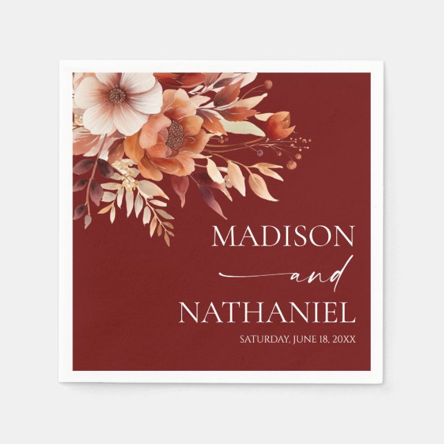 Rusty Burgundy Brown Floral Flower Wedding Napkin (Front)