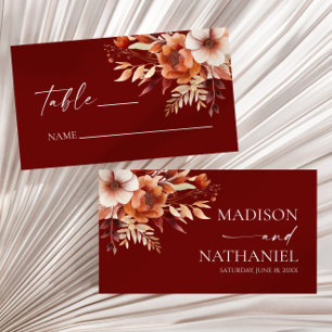 Rusty Burgundy Brown Floral Flower Wedding Place Card