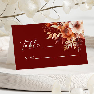 Rusty Burgundy Brown Floral Flower Wedding Place Card