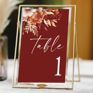 Rusty Burgundy Brown Floral Flower Wedding Table Number