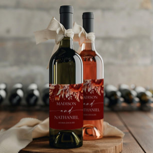 Rusty Burgundy Brown Floral Flower Wedding Wine Label