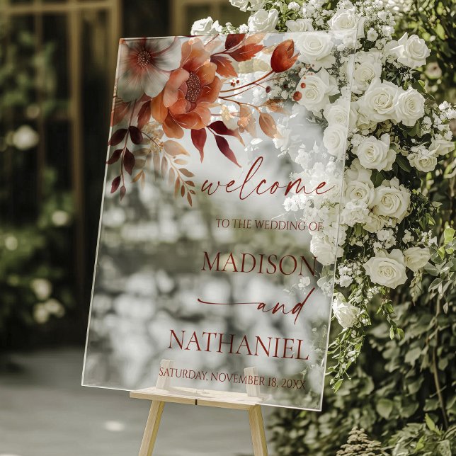 Rusty Burgundy Brown Floral Wedding Welcome Acrylic Sign (Creator Uploaded)