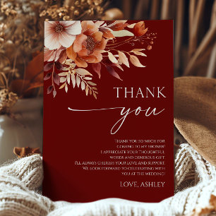 Rusty Burgundy Floral Flowers Bridal Shower Thank You Card