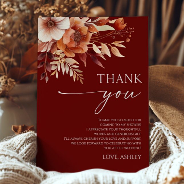 Rusty Burgundy Floral Flowers Bridal Shower Thank You Card (Creator Uploaded)