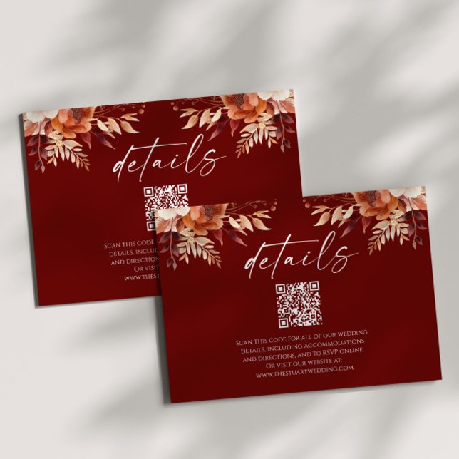 Rusty Burgundy Floral QR Code Wedding Details Enclosure Card (Creator Uploaded)