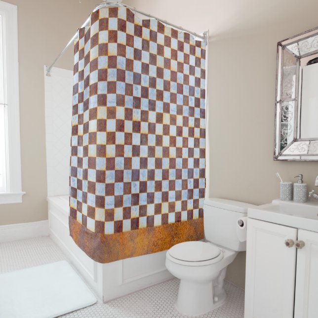 Rusty Checkers Industrial Grunge Shower Curtain (In Situ)