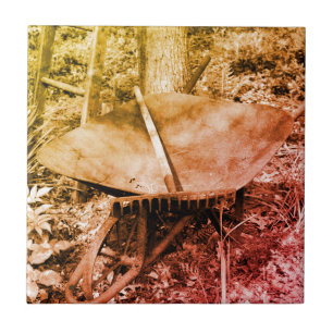 Rusty Garden Tools Distressed Black And White  Ceramic Tile