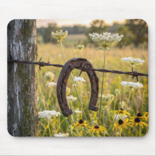 Rusty Horseshoe on Barbed Wire Fence Mouse Pad