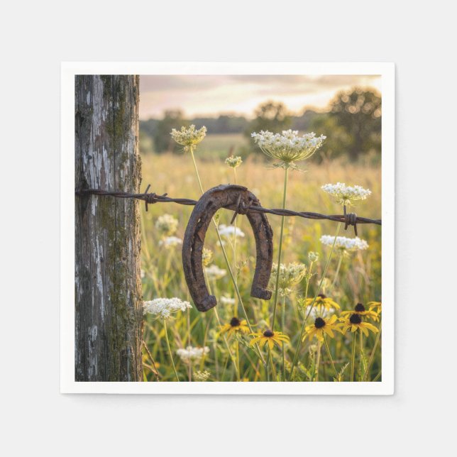 Rusty Horseshoe on Barbed Wire Fence Napkin (Front)
