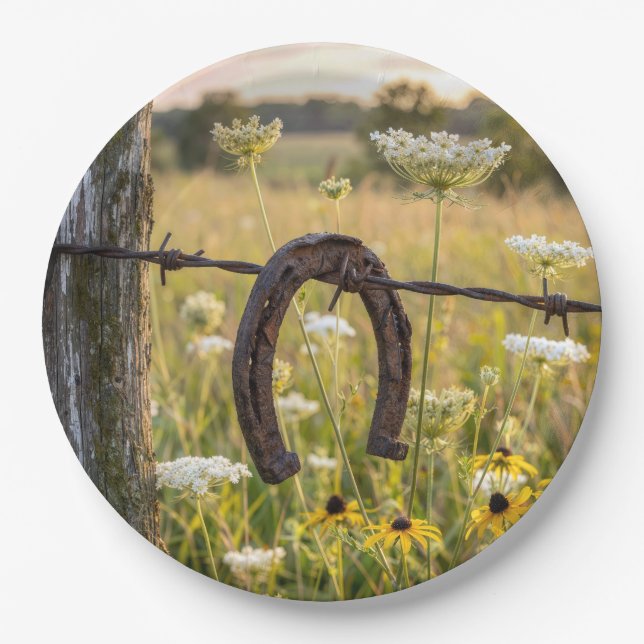 Rusty Horseshoe on Barbed Wire Fence Paper Plate (Front)