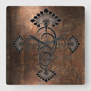 Rusty Metal with Art Nouveau Design on a Square Wall Clock