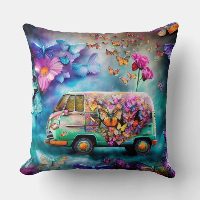 Rusty old Combi Van with Flowers Butterflies Cushion (Front)