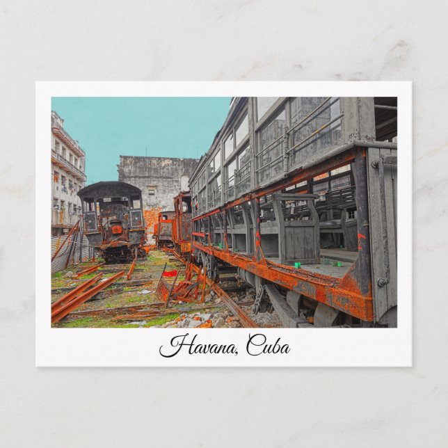 Rusty old locomotives and train wagons postcard (Front)