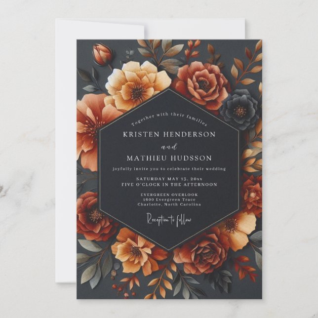 Rusty Orange Bloom Romance Wedding Invitation (Front)