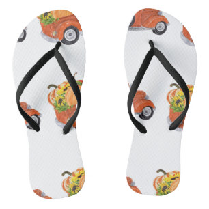 Rusty Orange Vintage Pickup Truck with Pumpkins Thongs