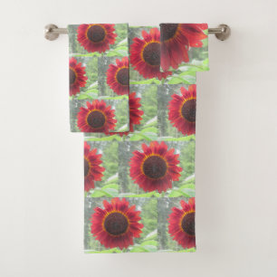 Rusty Red Sunflower Pattern Bath Towel Set