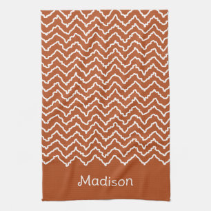 Rusty Red Terracotta Squiggly Chevron With Name Tea Towel