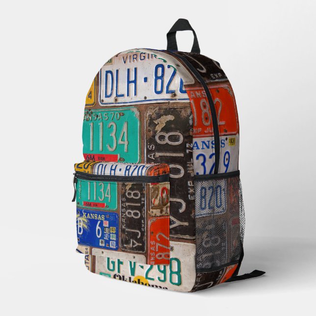 Rusty Retro License Plate Collection Printed Backpack (Back Corner Right)