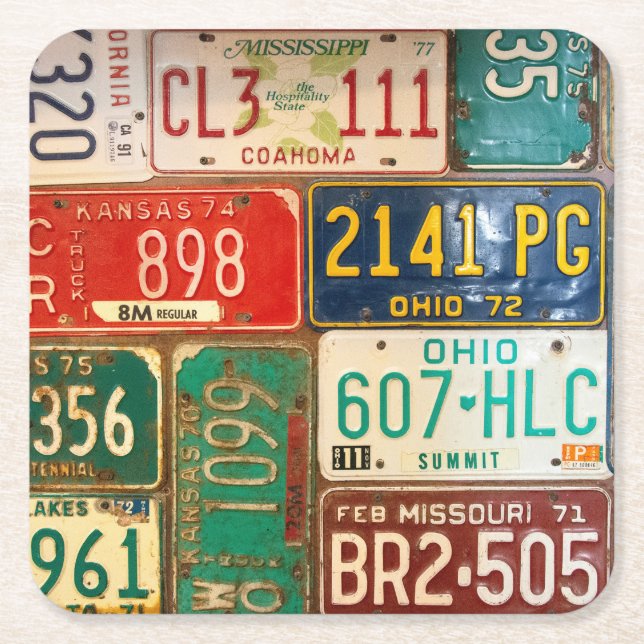 Rusty Retro License Plates Square Paper Coaster (Front)