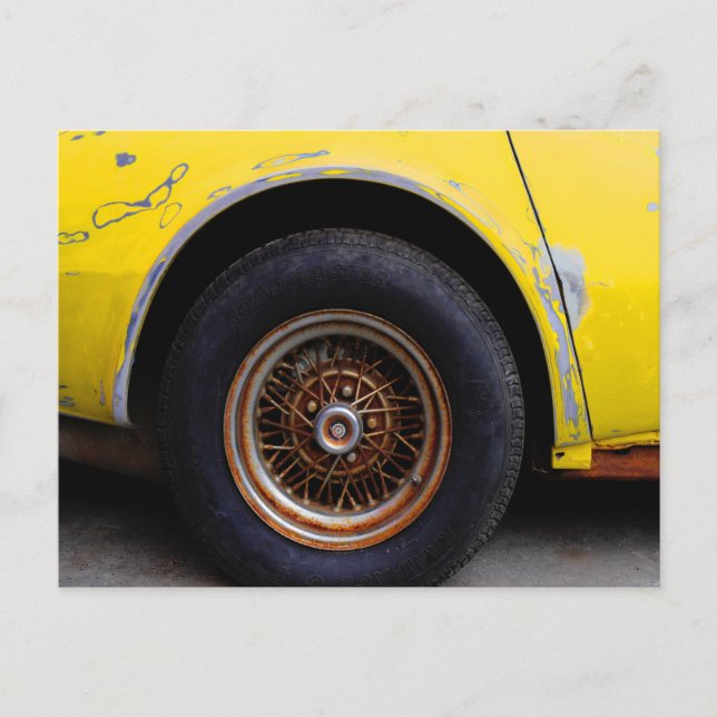 Rusty Roadmaster Tire, Peeling Yellow Painted Car  Postcard (Front)