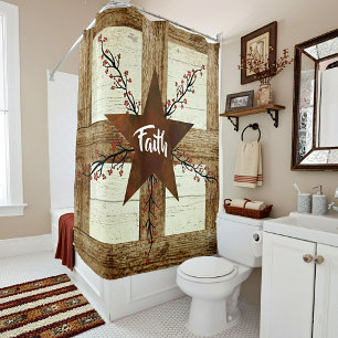 Rusty star and berries, Faith in wood frame Shower Curtain