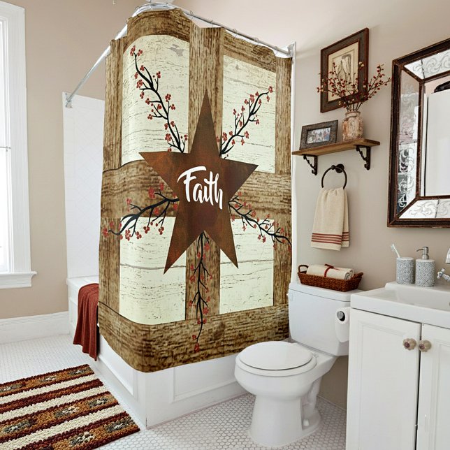 Rusty star and berries, Faith in wood frame Shower Curtain (Creator Uploaded)