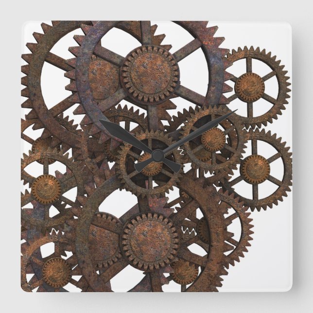 Rusty Steampunk Metal Gears Square Wall Clock (Front)