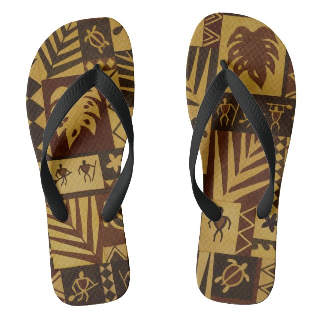 Rusty Tapa Hawaiian Petroglyph Warriors Flip Flops (Footbed)