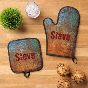 Rusty, Verdigris, Grunge Steampunk Personalised Oven Mitt & Pot Holder Set