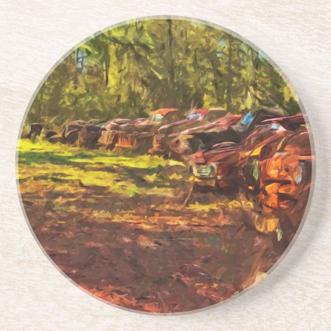 Rusty Vintage Cars in a Row Abstract Coaster (Front)